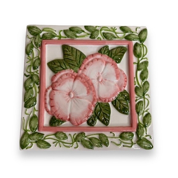 Vintage Treasure Craft Pink Green Floral Trivet Decor Wall Art Ceramic Tile - Picture 2 of 14